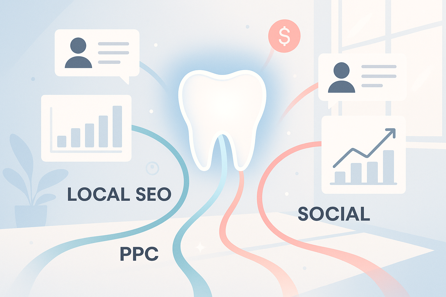 Modern dental icon with interconnected data streams, growth charts, testimonials, and symbols in a bright workspace.