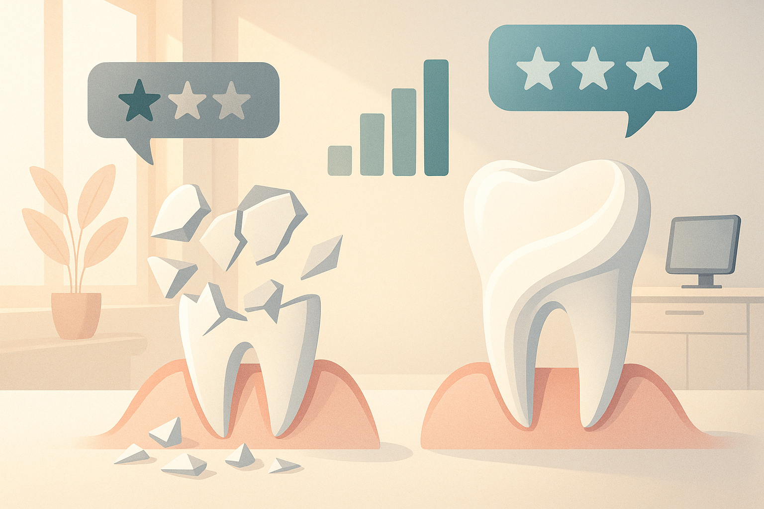 Modern dental illustration with porcelain shards, resin flows, growth charts, and testimonial bubbles.