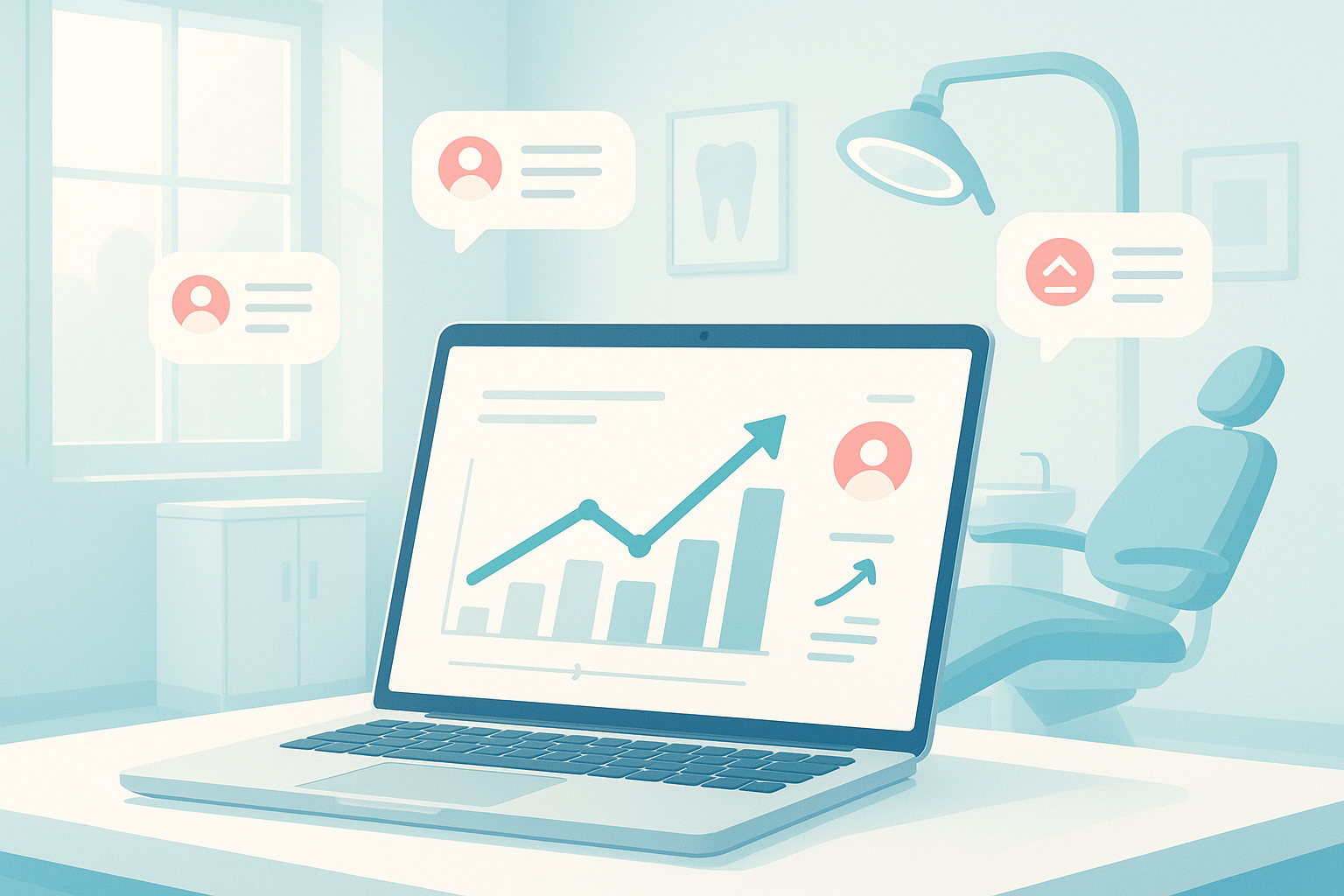 Modern dental office with digital workspace, growth charts, testimonial bubbles, and clinical decor.