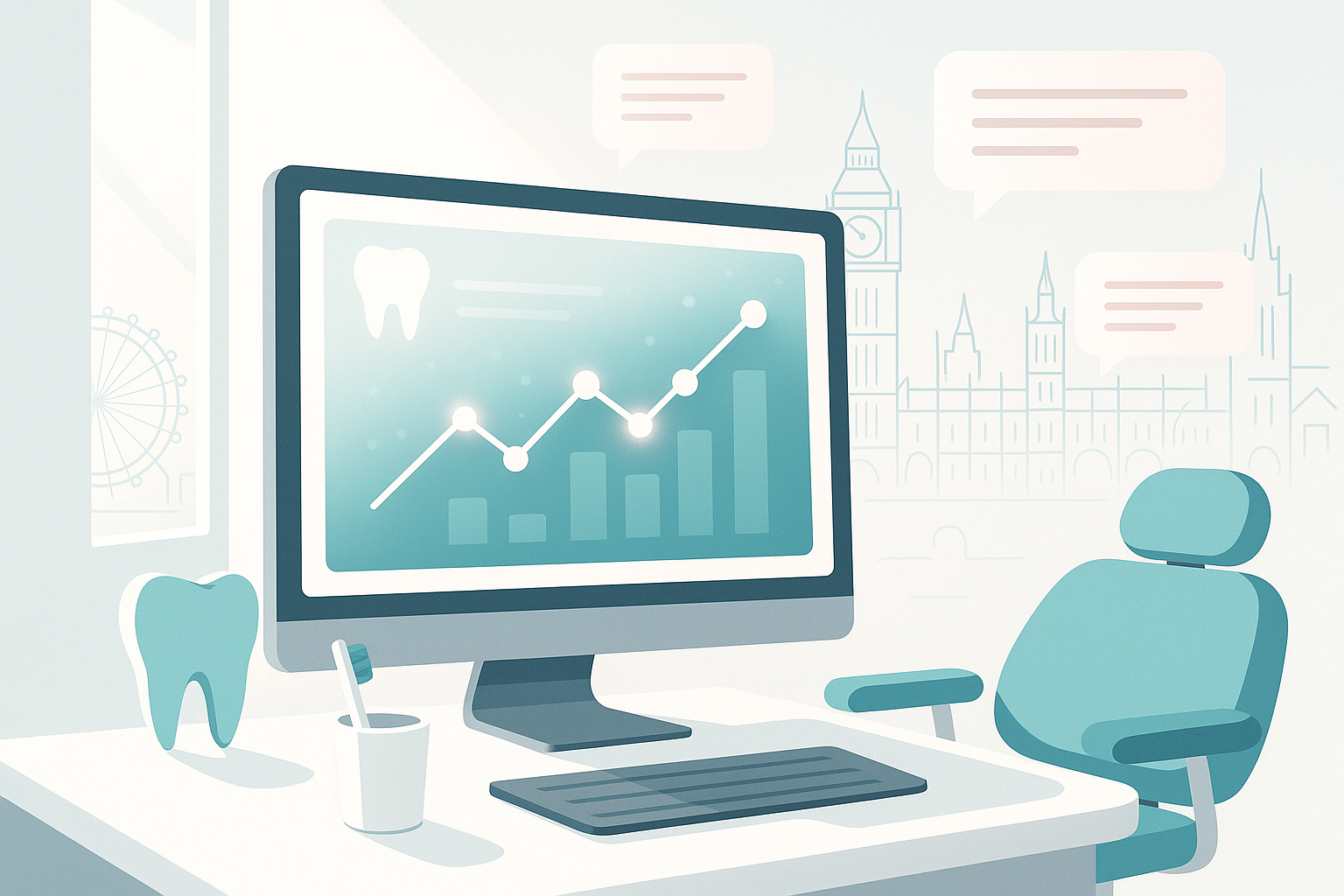 Modern dental-themed digital workspace with growth charts, cityscape, and testimonial bubbles.
