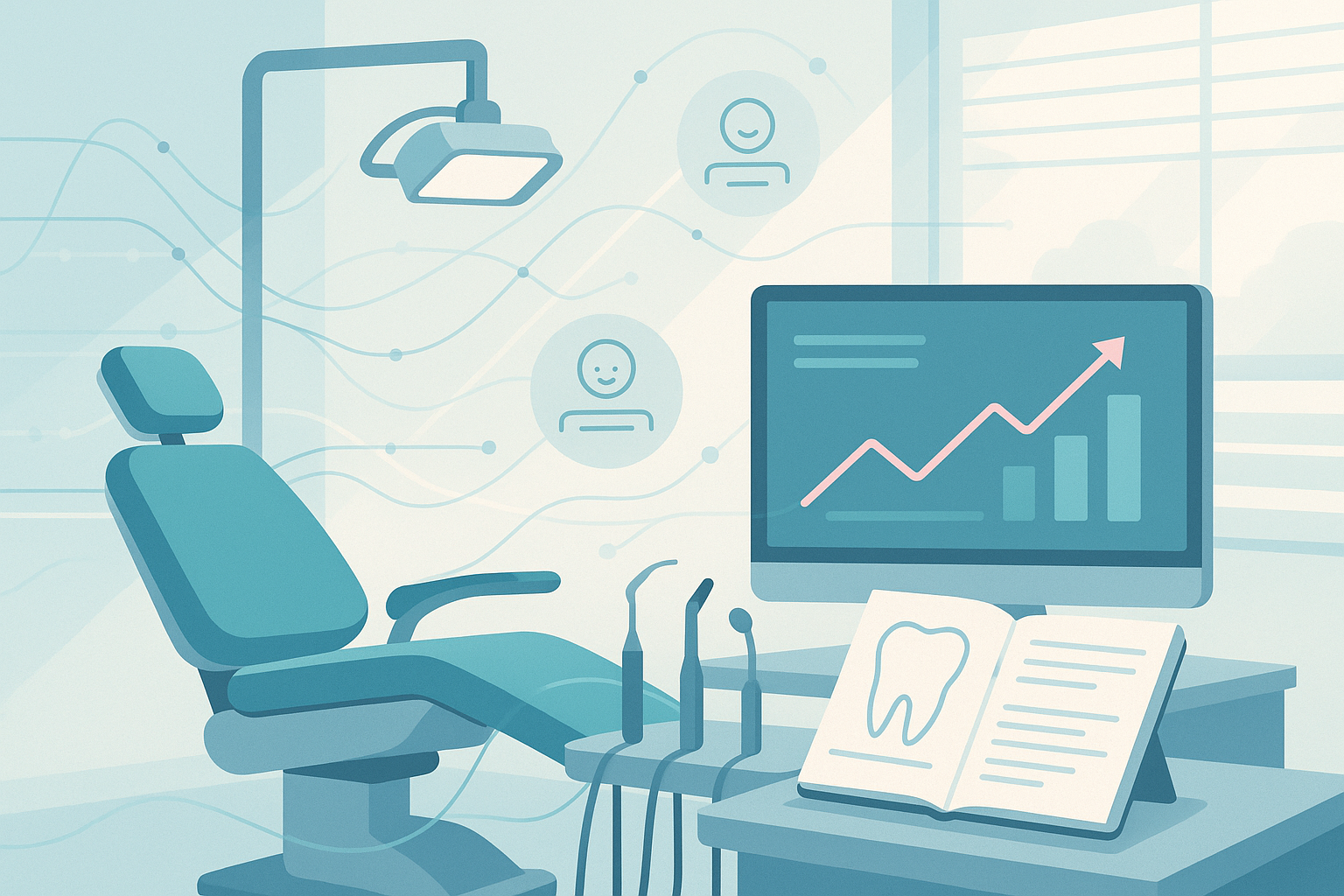 Modern dental treatment room blending with digital dashboard showing growth charts and patient testimonials.