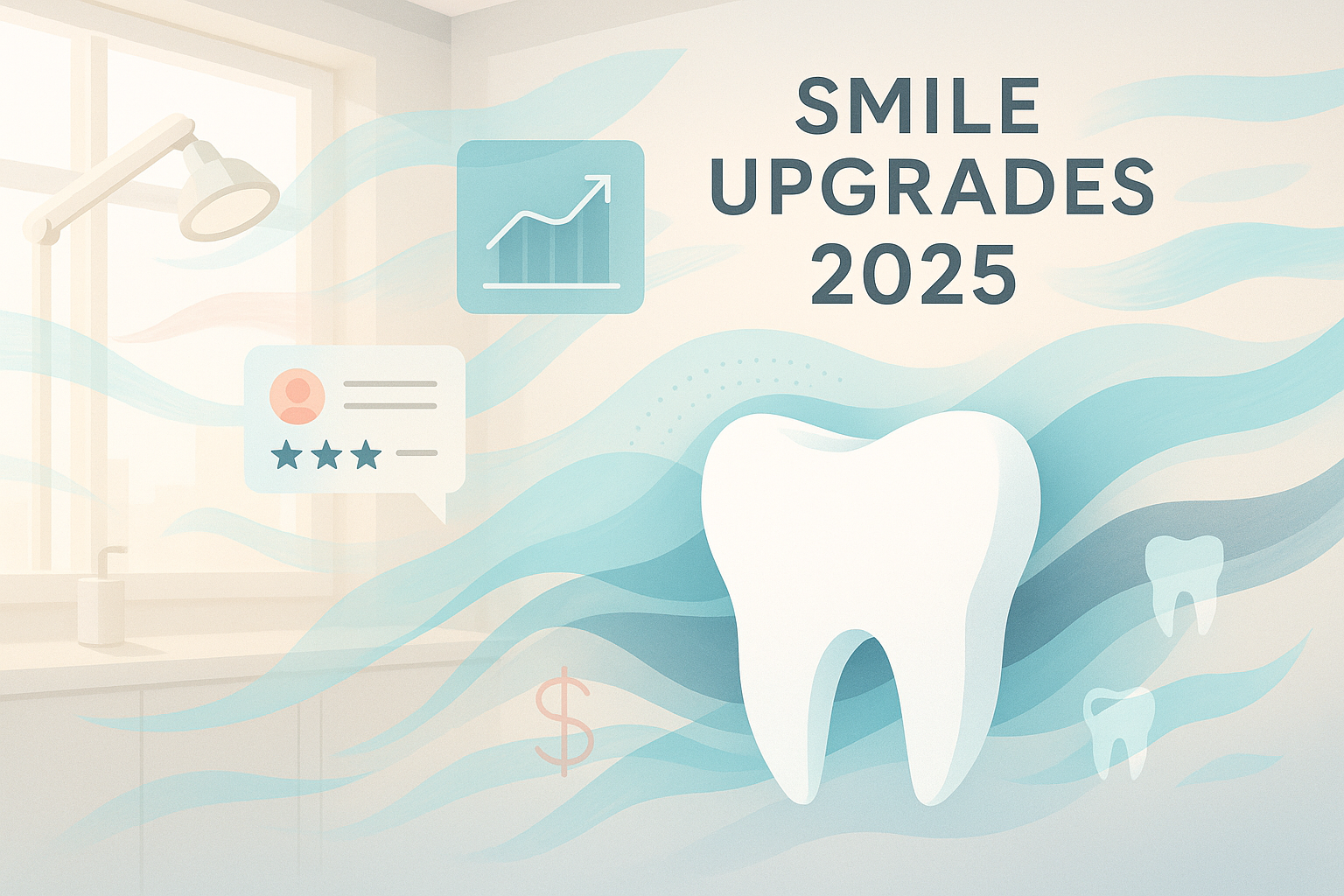Modern dental treatment room with abstract elements, growth charts, and trust-building visuals.