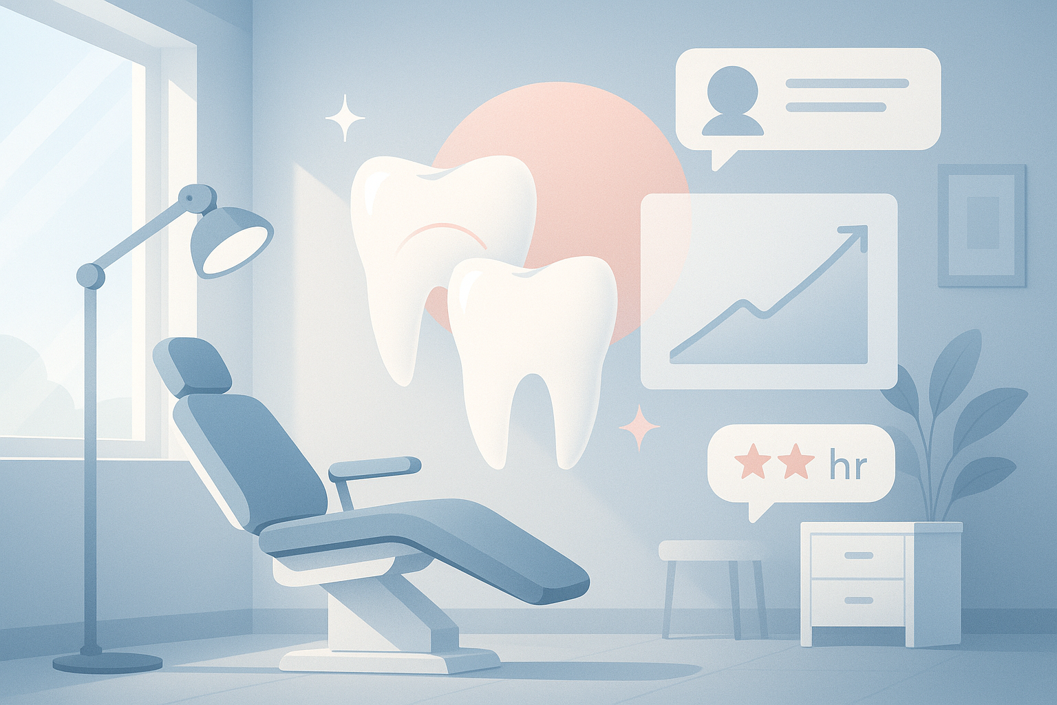 Modern dental treatment room with abstract tooth repair, testimonial bubbles, and growth charts.
