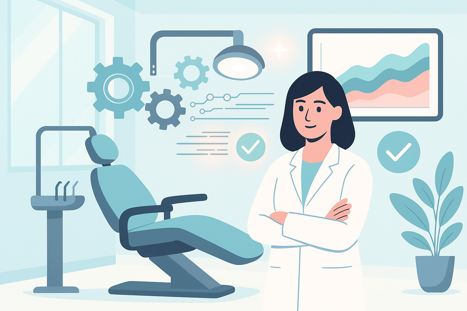 Modern dental treatment room with data streams, checkmarks, and growth charts in clinical tones.