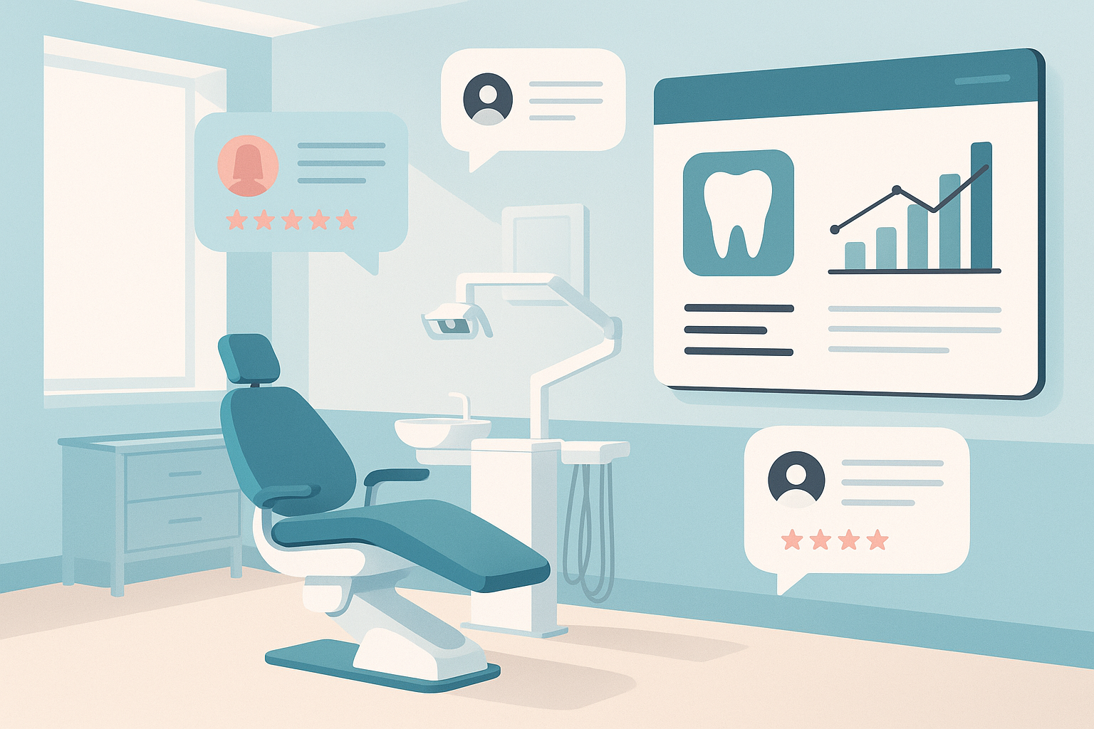 Modern dental treatment room with digital dashboard, testimonial bubbles, and growth charts.