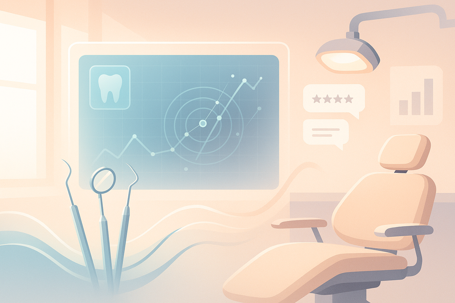 Modern dental treatment room with digital dashboard, dental tools, and trust-building graphics.