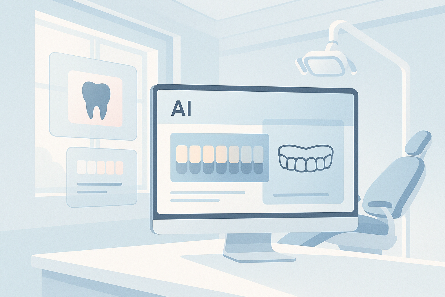 Modern dental treatment room with digital dashboard, translucent panels, and warm accents.