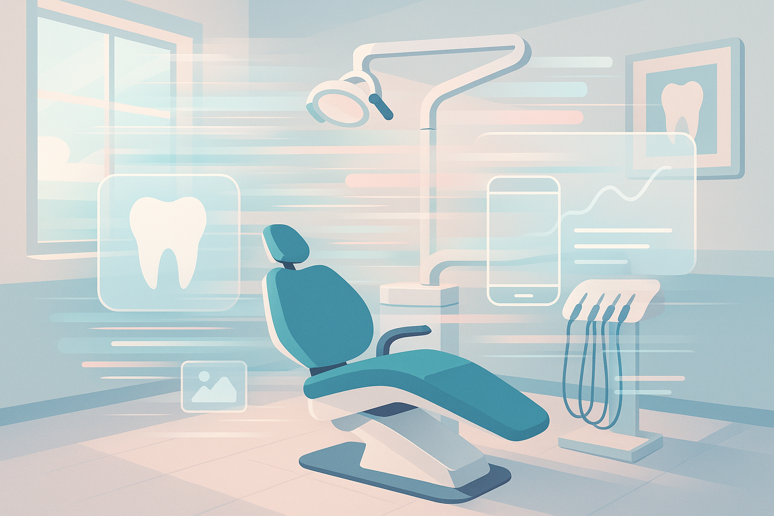 Modern dental treatment room with digital data flow, connectivity, and device icons.
