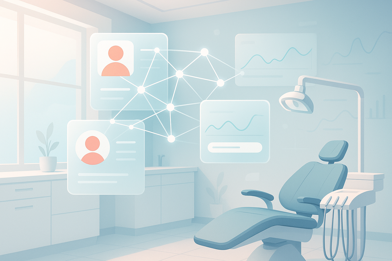 Modern dental treatment room with digital interfaces, patient profiles, and abstract neural network visuals.