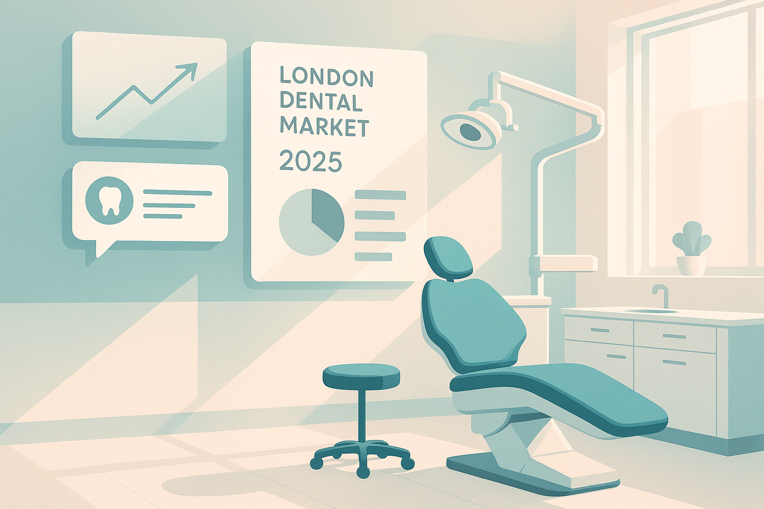 Modern dental treatment room with digital interfaces and floating charts in bright, professional lighting.