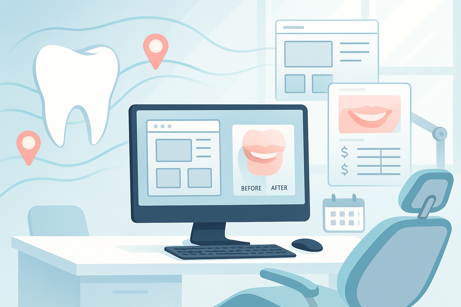 Modern dental treatment room with digital tools, smile visuals, and interconnected icons in clinical colors.