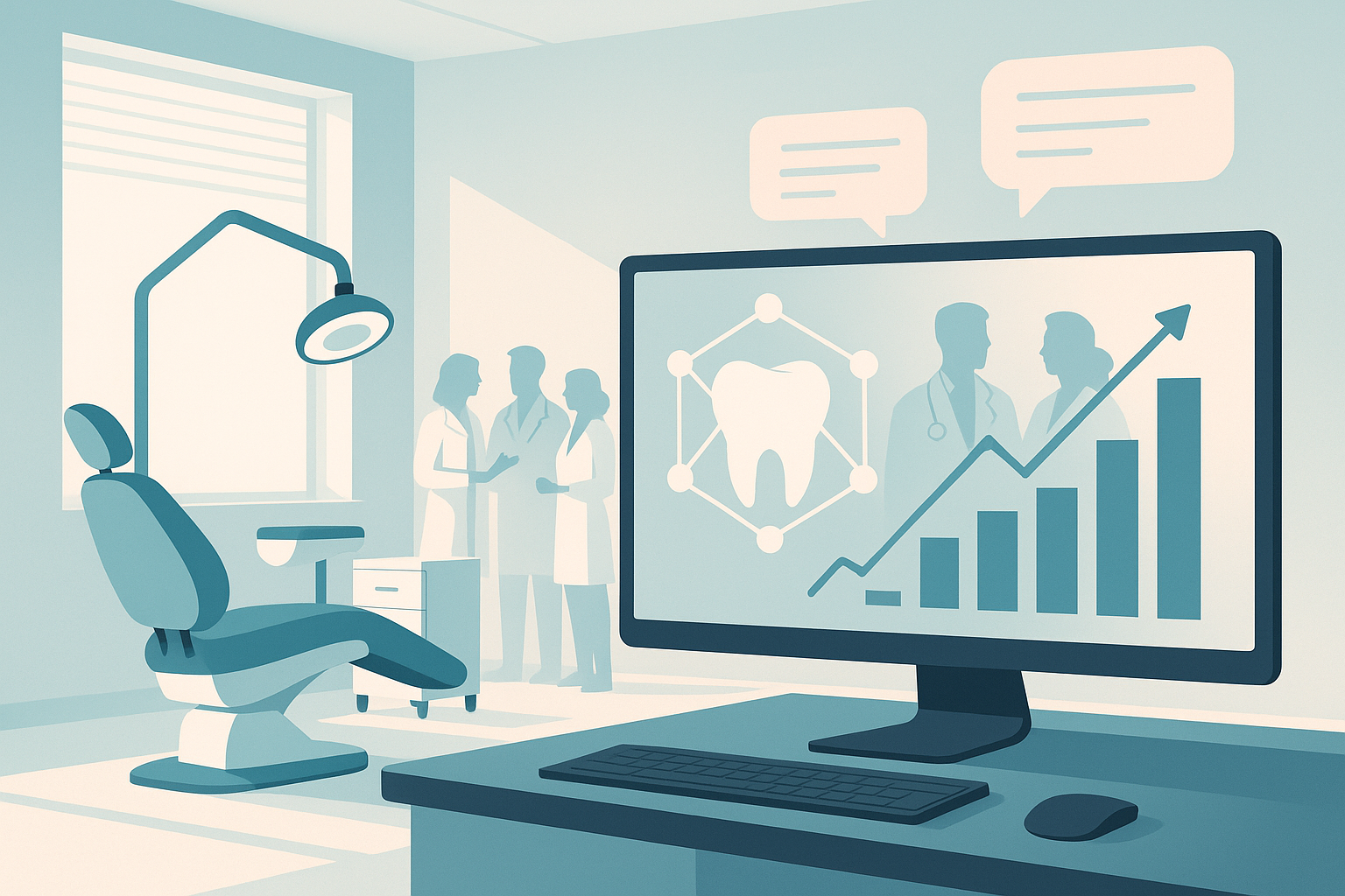 Modern dental treatment room with digital workspace, growth charts, and collaborating dentists in clinical tones.
