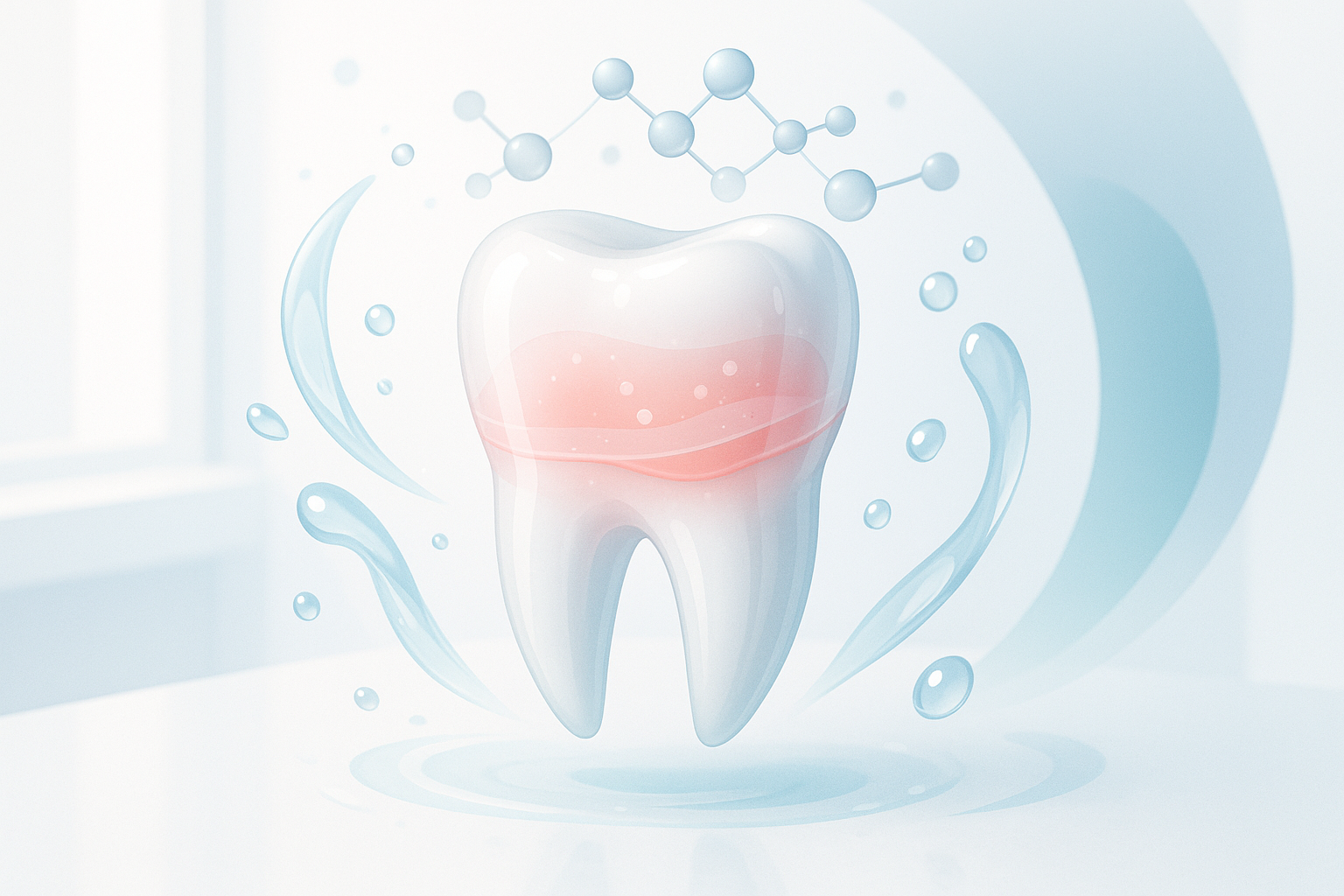 Modern dental treatment room with glowing resin layers, molecular structures, water droplets, and soothing colors.