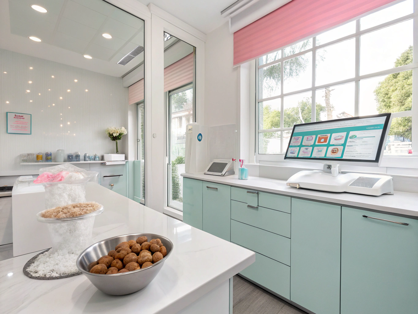 Modern dental treatment room with melting ice shards, nuts, and glowing digital dashboard.