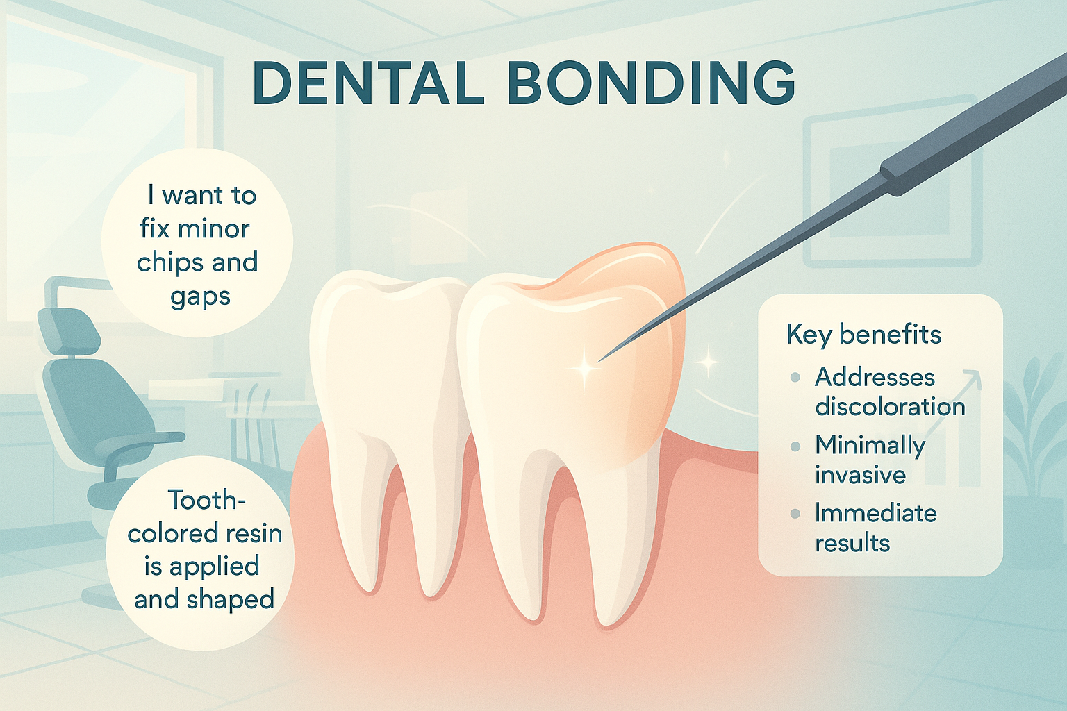 Modern dental treatment room with resin layers, digital overlays, and patient trust elements.
