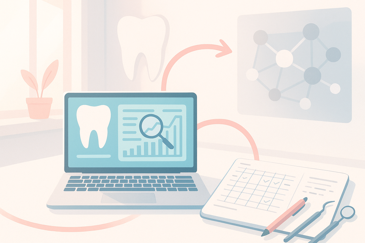 Modern dental workspace illustrating specialist SEO, DIY tools, and marketing complexity with trustful accents.