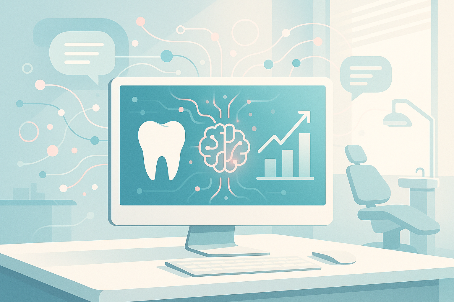 Modern dental workspace with AI neural patterns, growth charts, and data flow elements.