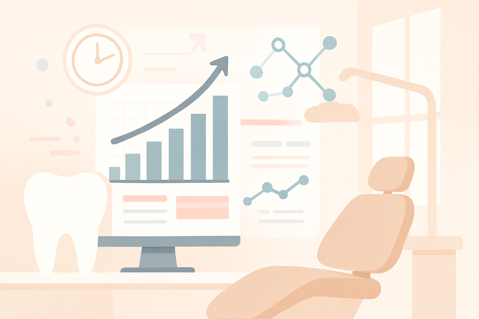 Modern dental workspace with charts, clock icons, nodes, and pink accents illustrating strategy and growth.