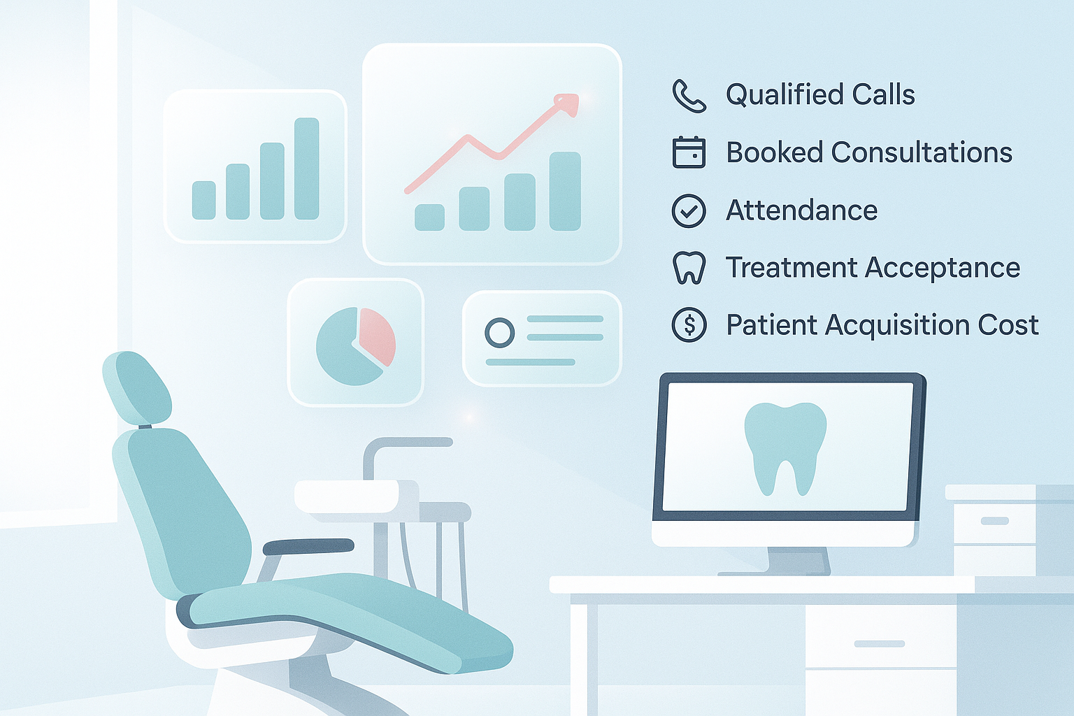 Modern dental workspace with charts, icons, and KPIs in calming blue and teal tones.