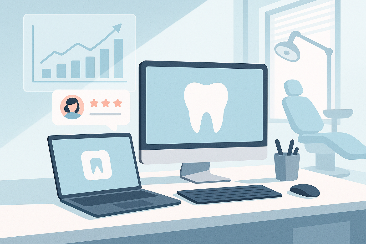 Modern dental workspace with charts, testimonial bubbles, and device mockups in bright, clean setting.