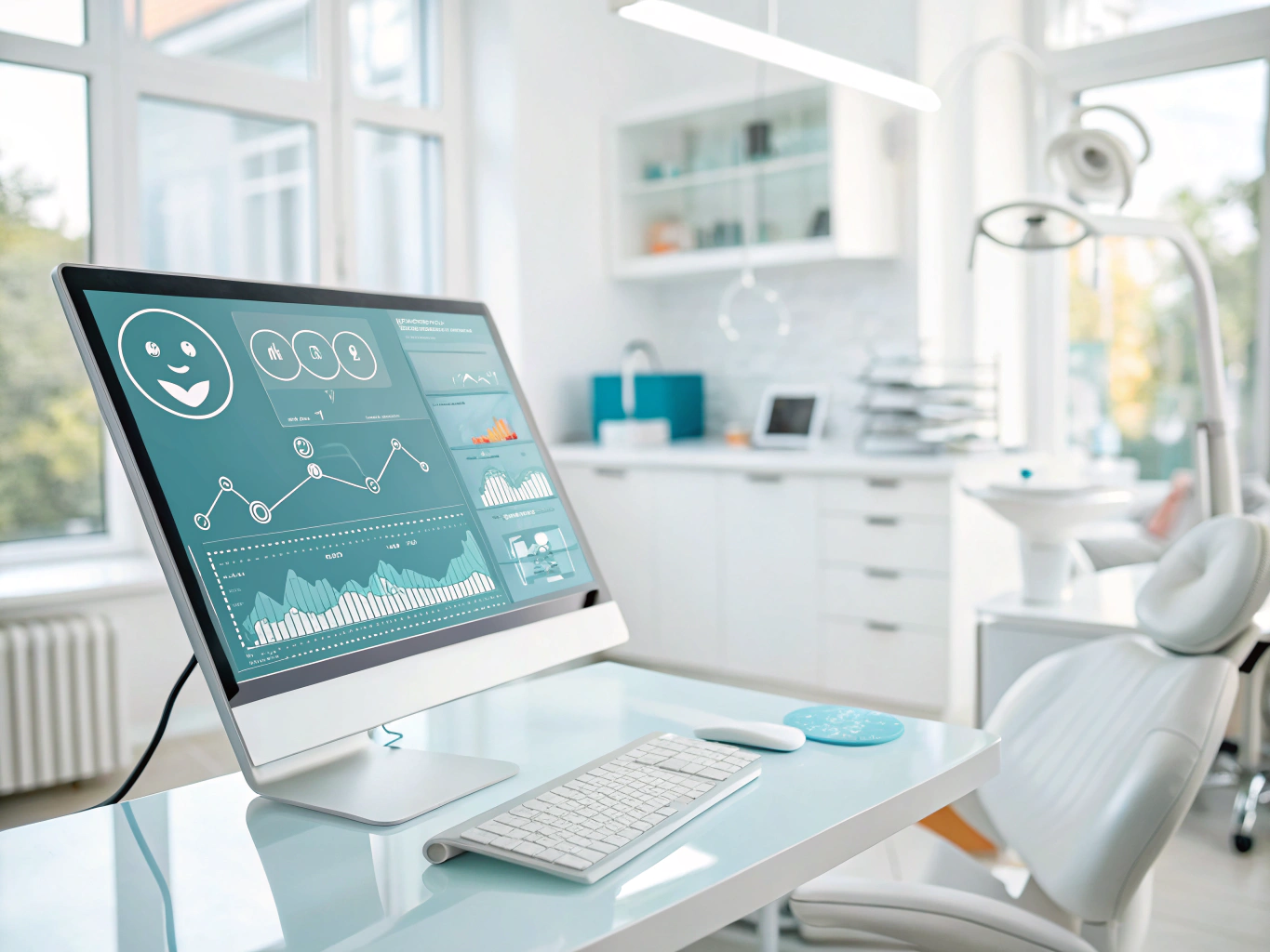 Modern dental workspace with charts, wireframes, and testimonial bubbles in bright, professional colors.