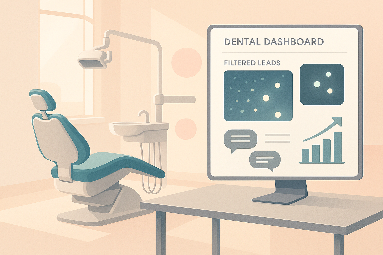 Modern dental workspace with dashboard, data points, growth charts, and testimonials in warm tones.