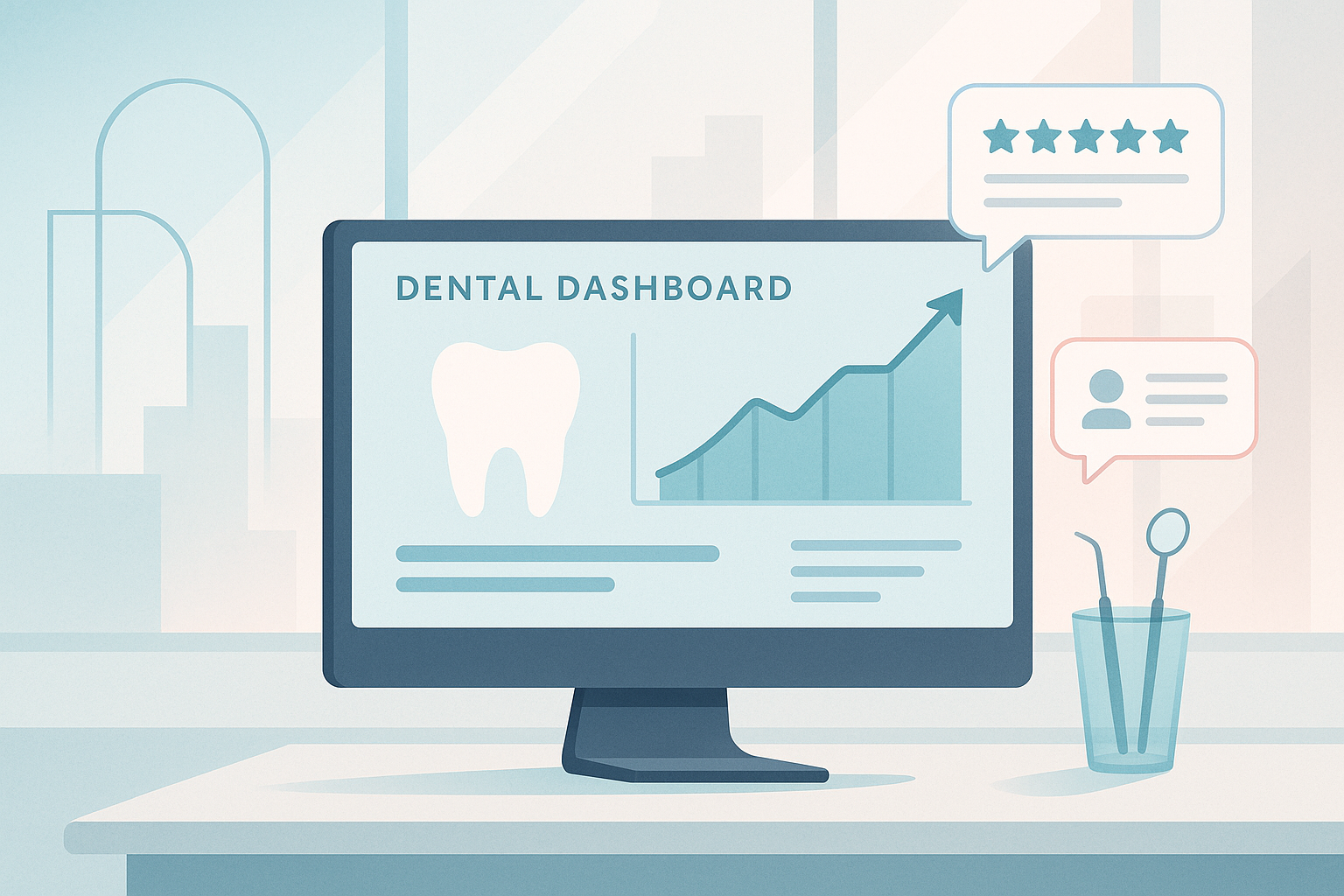 Modern dental workspace with dashboard, growth charts, testimonial bubbles, and architectural elements.