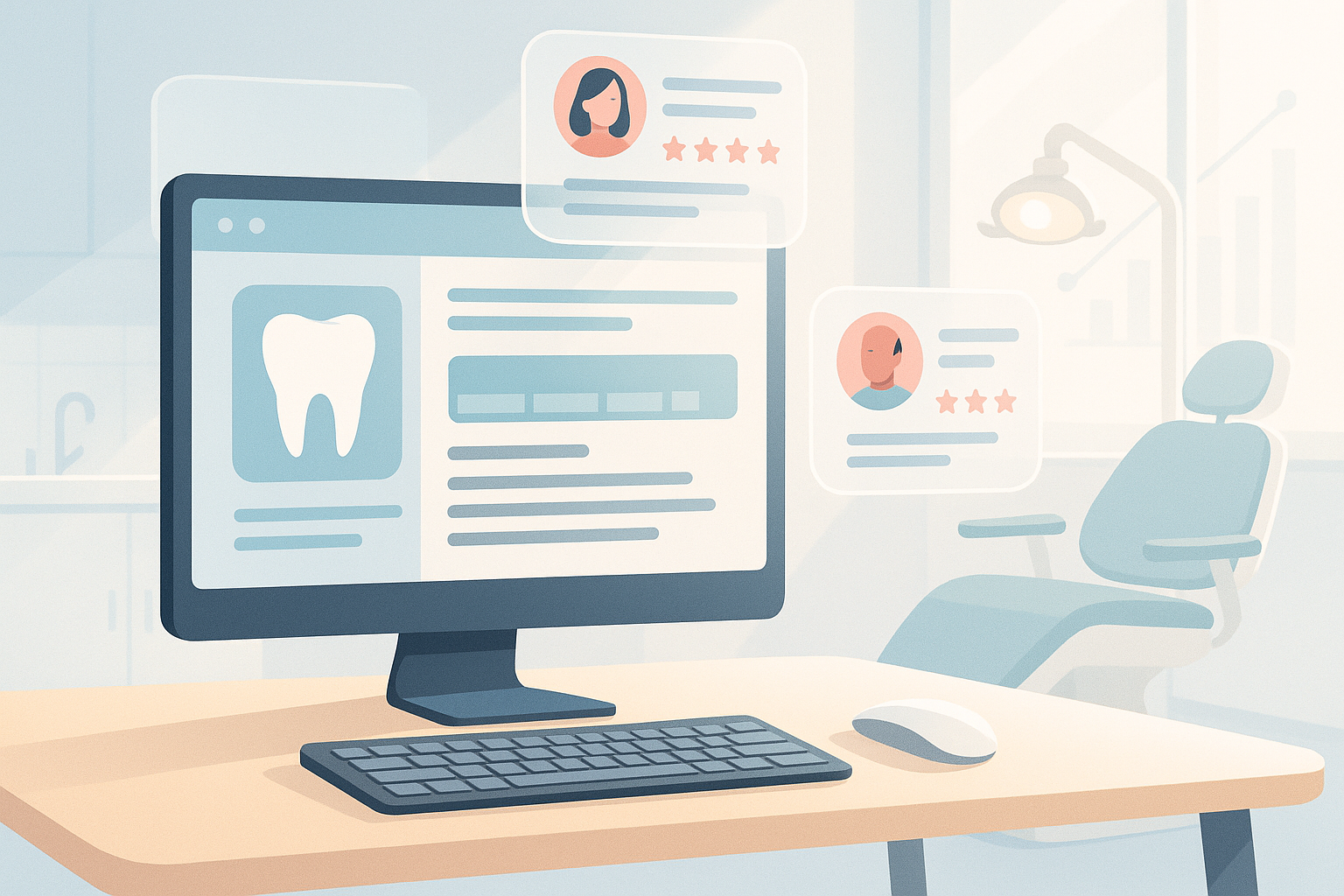 Modern dental workspace with dashboard, testimonial bubbles, and growth charts in clinical tones.