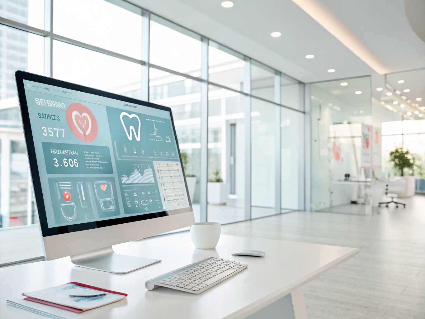 Modern dental workspace with data displays, clinical tools, and professional hands in bright light.