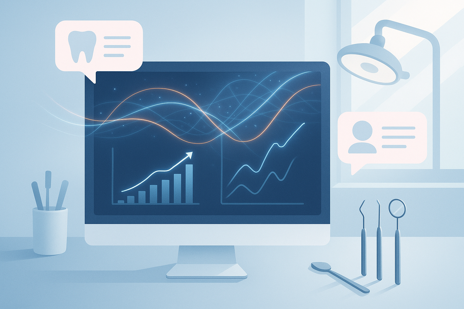 Modern dental workspace with digital analytics, data streams, clinical tools, and testimonial bubbles.