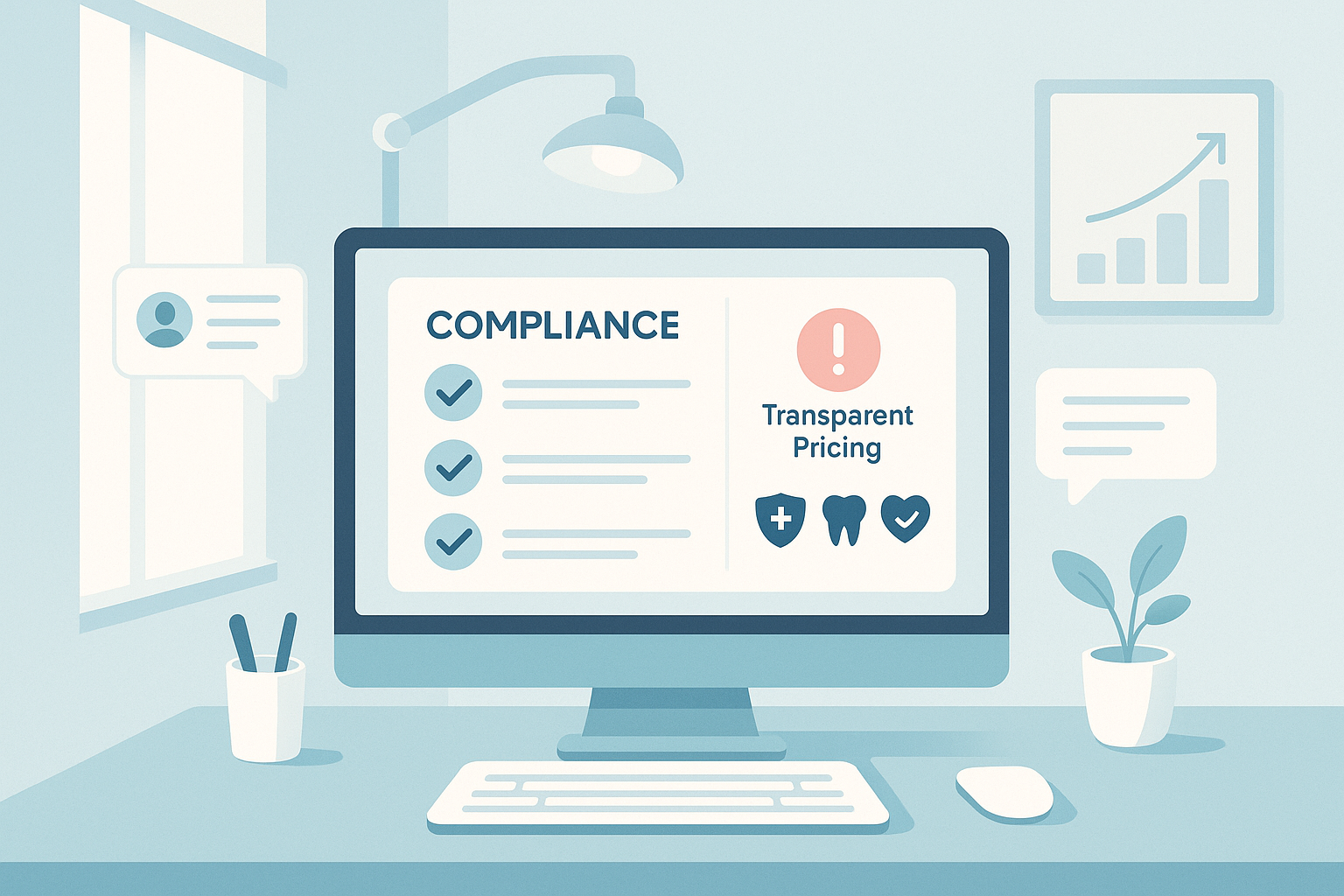 Modern dental workspace with digital compliance dashboard, safety icons, testimonials, and growth charts.