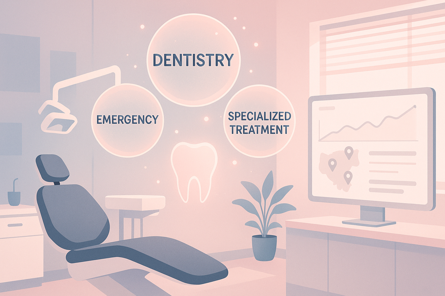 Modern dental workspace with digital dashboard, floating keyword bubbles, warm tones, and organized layout.