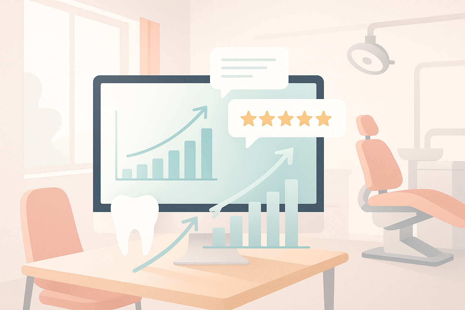 Modern dental workspace with digital dashboard, growth charts, star ratings, and testimonial bubbles.