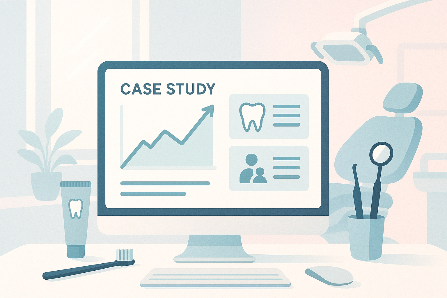 Modern dental workspace with digital dashboard, growth charts, and treatment icons in clinical tones.
