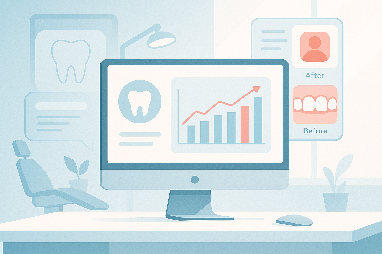Modern dental workspace with digital dashboard, growth charts, testimonial bubbles, and trust symbols.