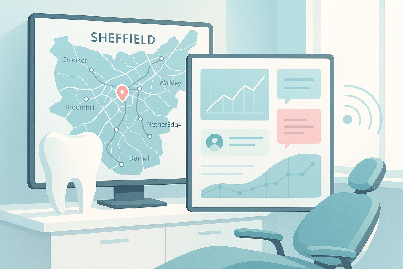 Modern dental workspace with digital dashboards showing Sheffield maps and growth charts.