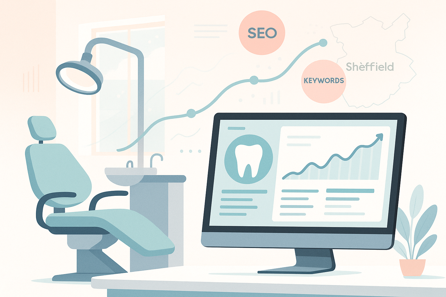 Modern dental workspace with digital growth charts, SEO bubbles, and Sheffield map overlays.