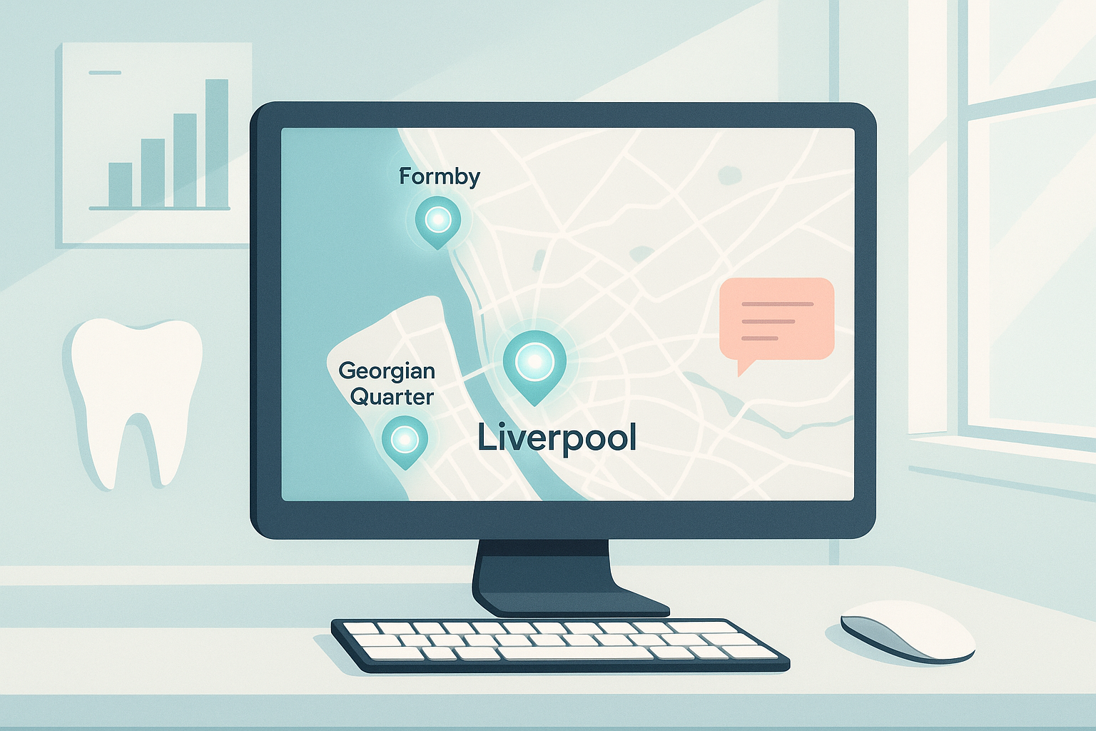 Modern dental workspace with digital maps, growth charts, and testimonial bubbles in calming tones.