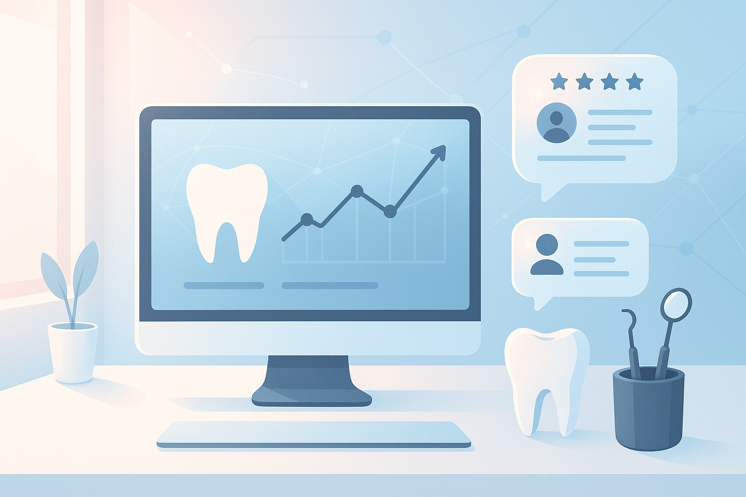 Modern dental workspace with digital screens, graphs, testimonials, and network lines in bright, clean environment.