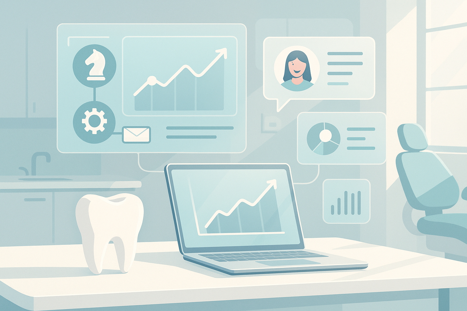 Modern dental workspace with floating digital screens displaying growth charts and icons.