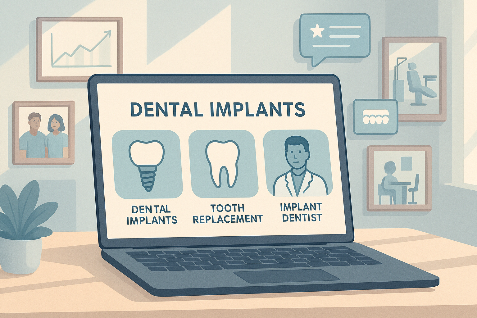 Modern dental workspace with floating icons, growth charts, testimonials, and team photos.