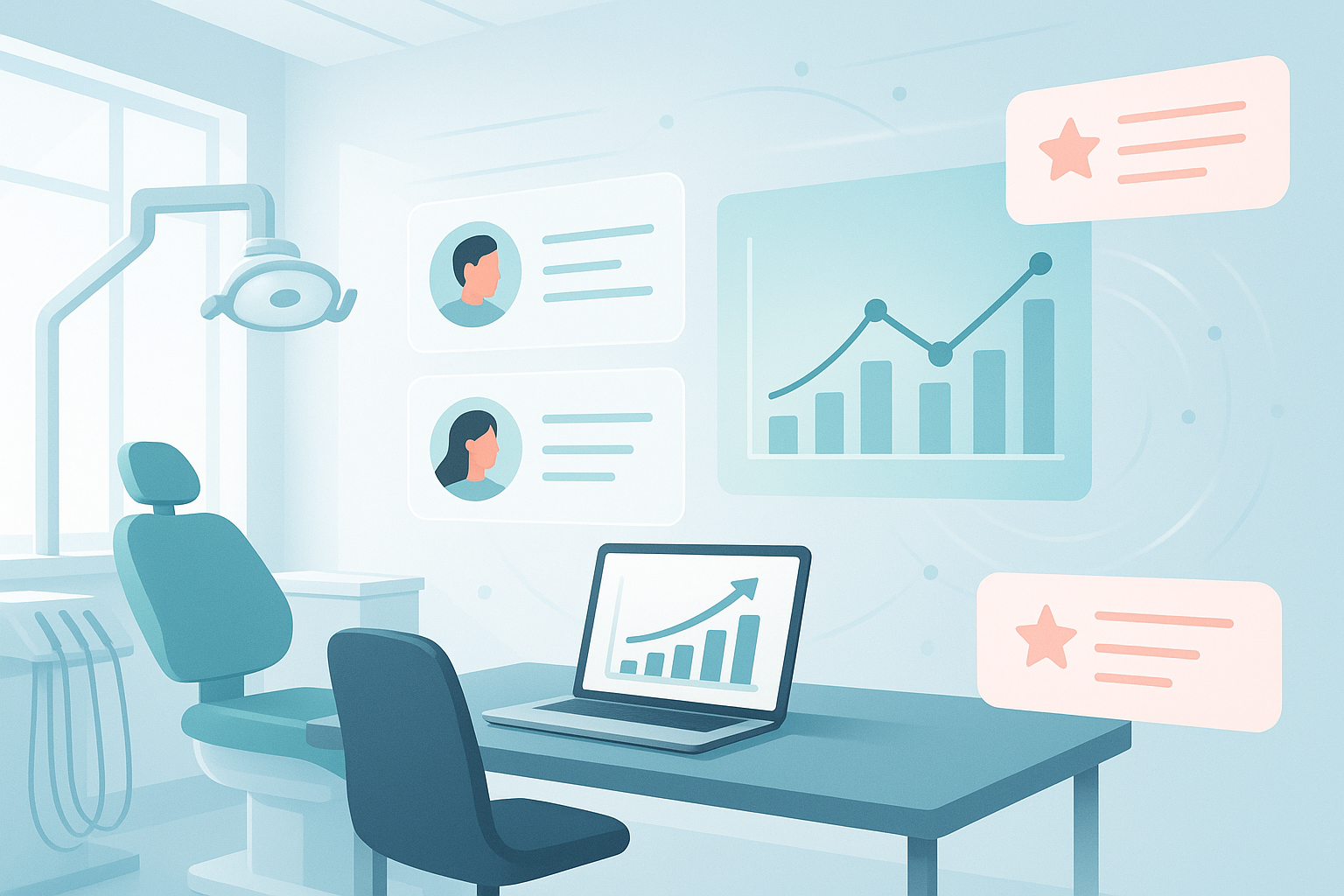 Modern dental workspace with floating patient profiles, growth charts, and clinical data streams.