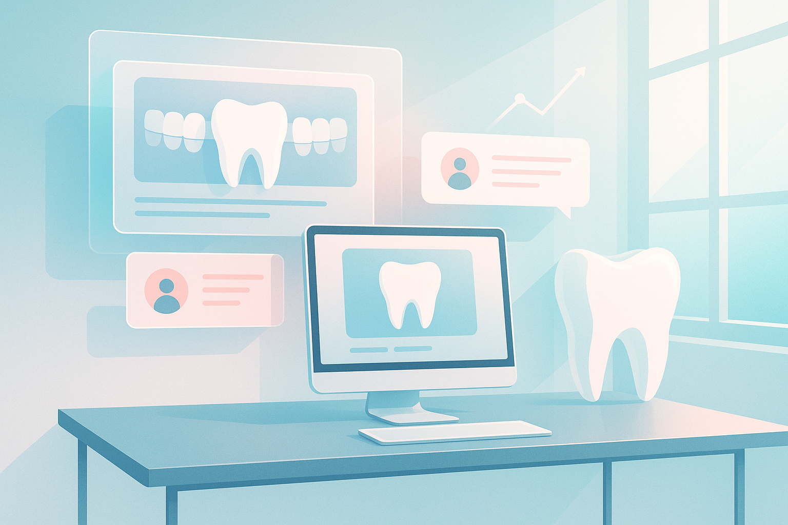 Modern dental workspace with floating storyboards, growth lines, and pink accents in bright light.