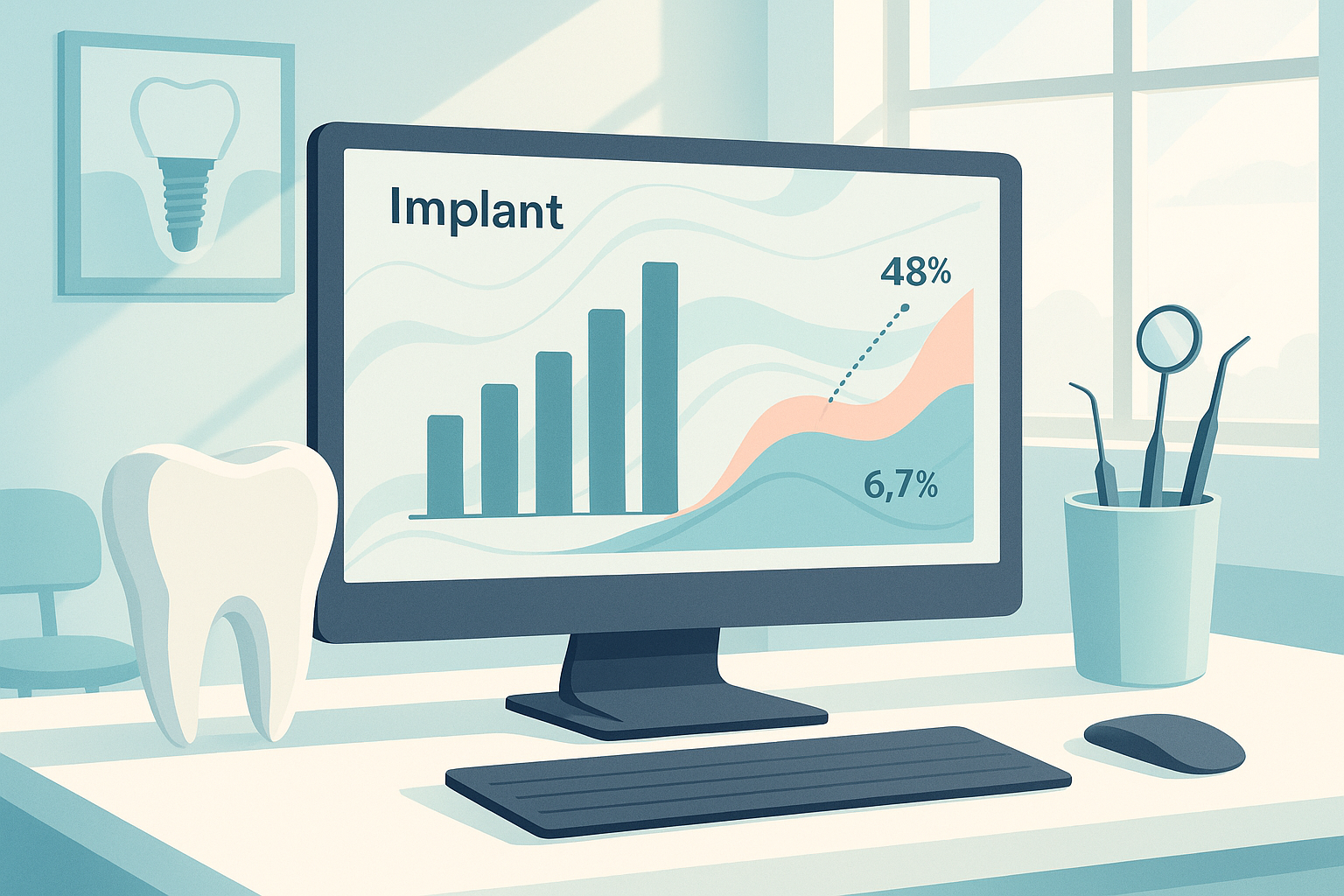 Modern dental workspace with growth charts and data streams in clinical tones and warm accents.