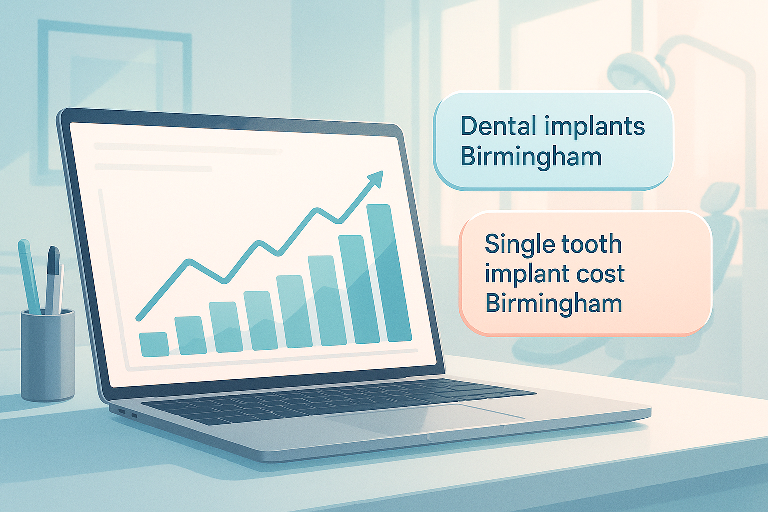 Modern dental workspace with growth charts and glowing keyword bubbles in clinical tones.