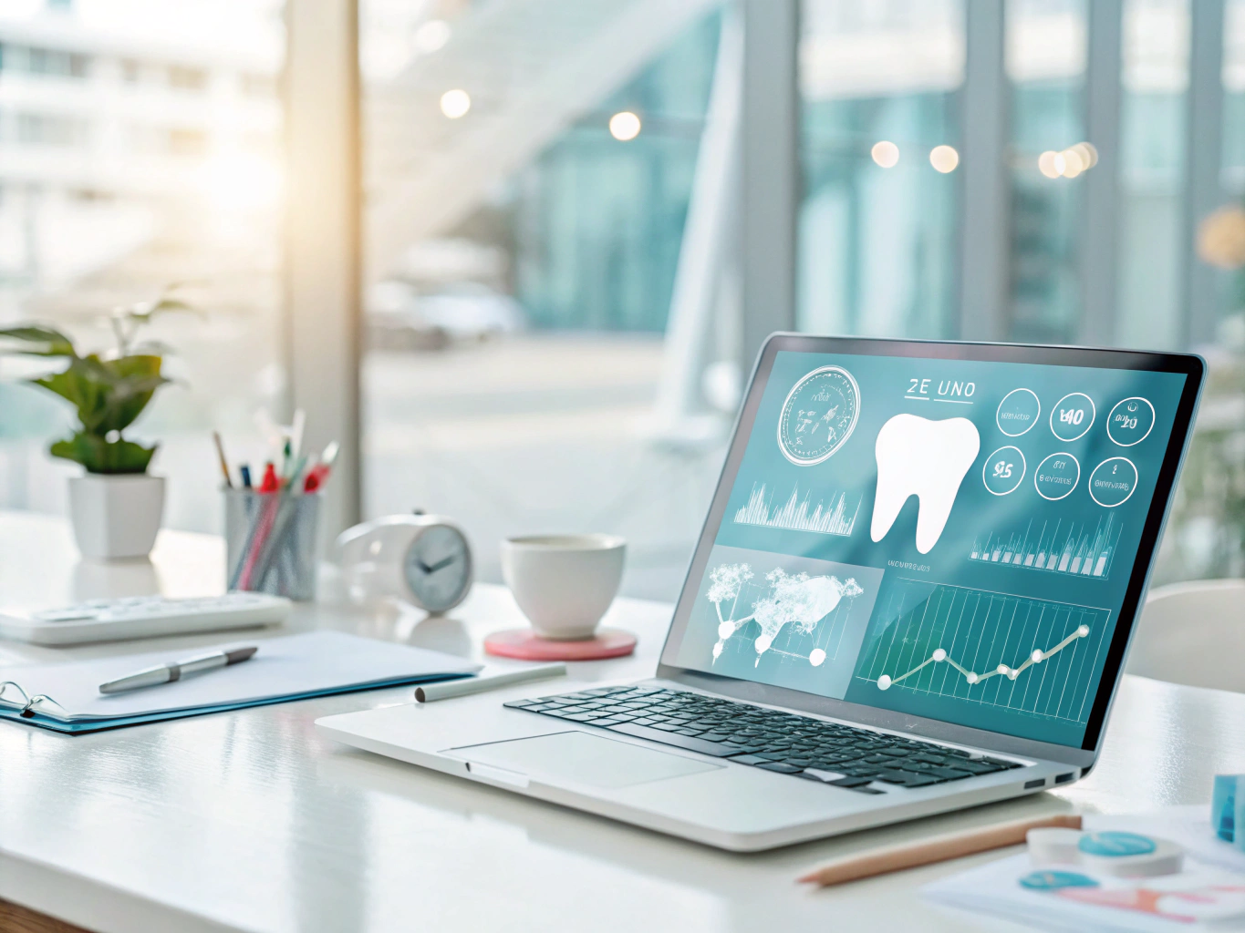 Modern dental workspace with growth charts and testimonial bubbles in clinical tones.