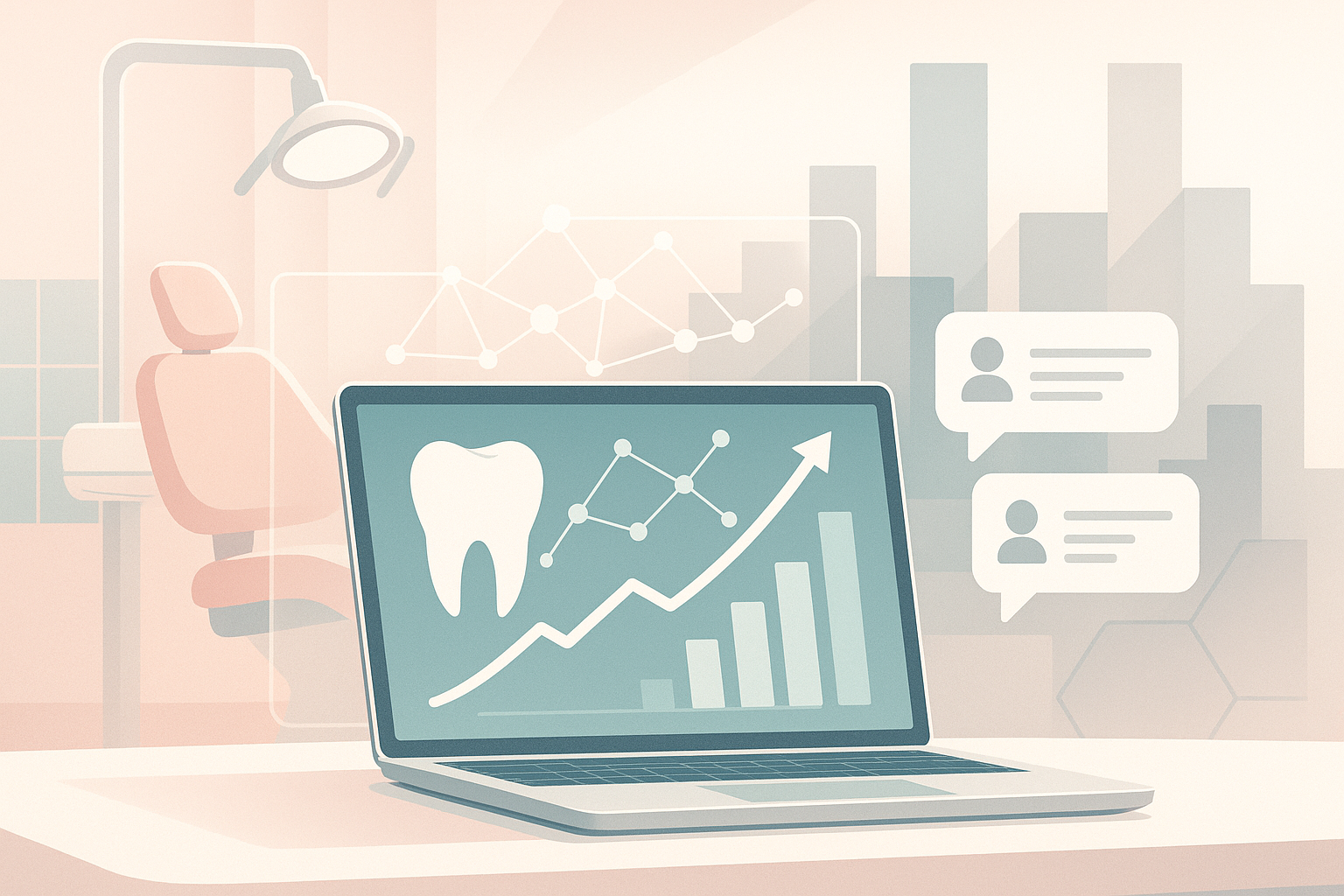 Modern dental workspace with growth charts, data nodes, and urban market elements.