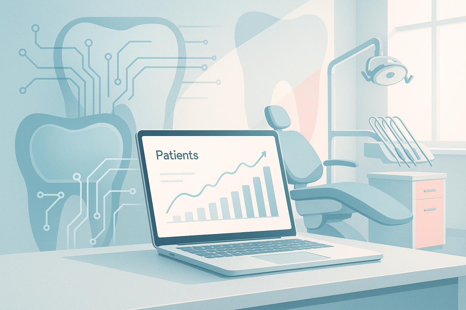 Modern dental workspace with growth charts, dental schematics, and circuit patterns in bright, clinical setting.
