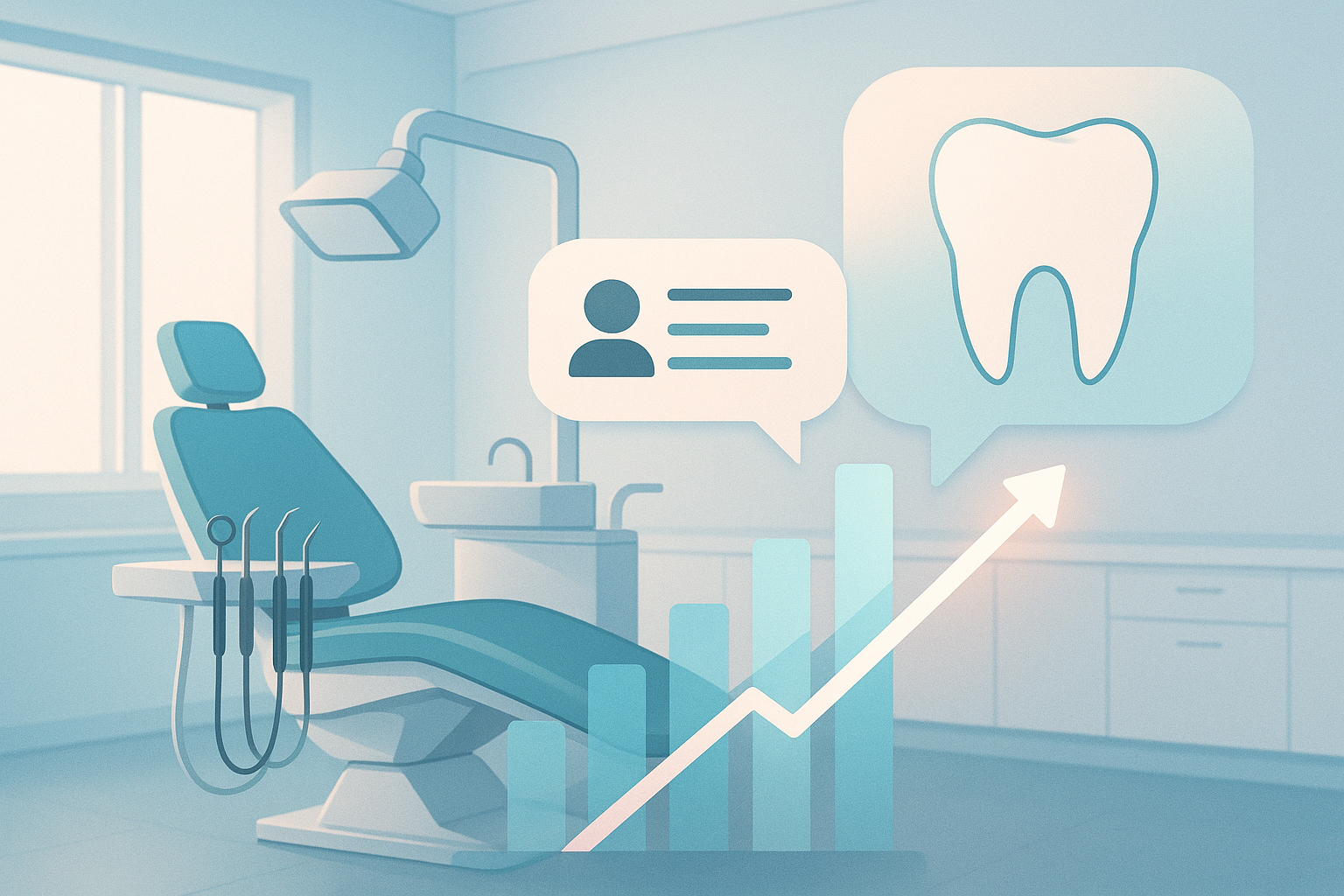 Modern dental workspace with growth charts, digital consultation bubbles, and minimalist tools.