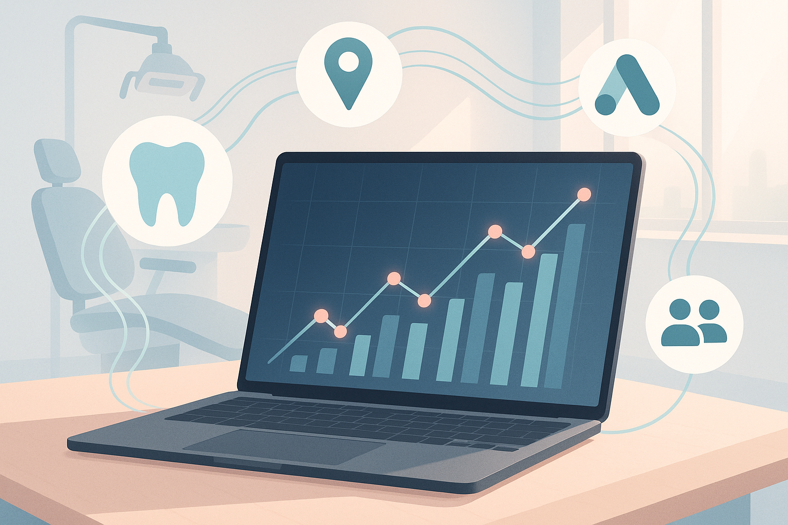 Modern dental workspace with growth charts, icons, and interconnected data trails in a clinical setting.